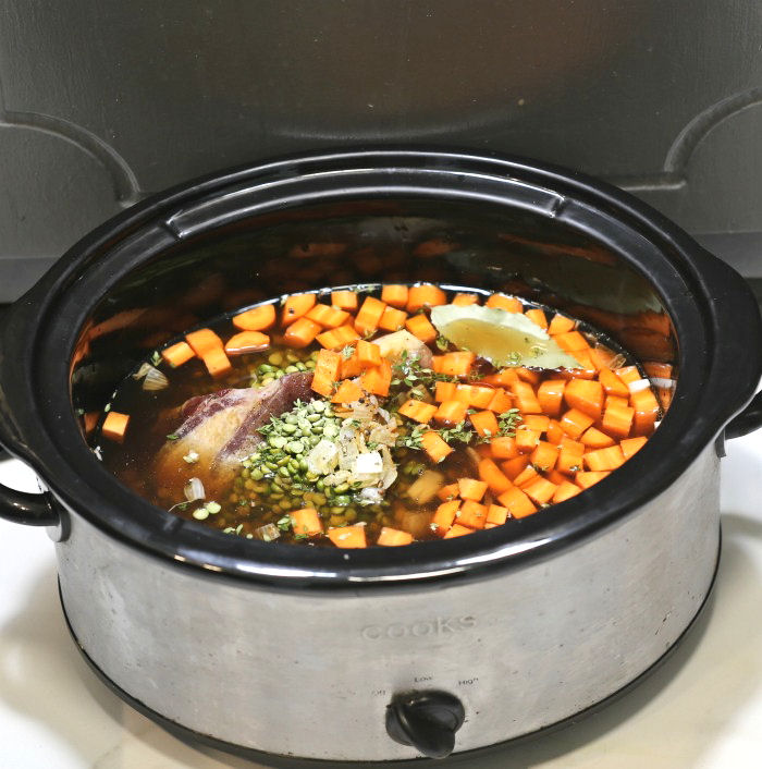 Split pea soup in the crock pot ready to cook
