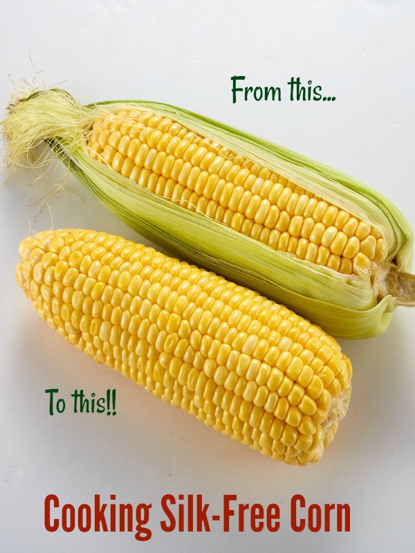 Cooking corn in the microwave makes it very easy to shuck the corn with no silk.