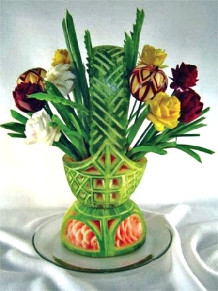 Watermelon basket vase with carved fruit flowers Watermelon basket vase