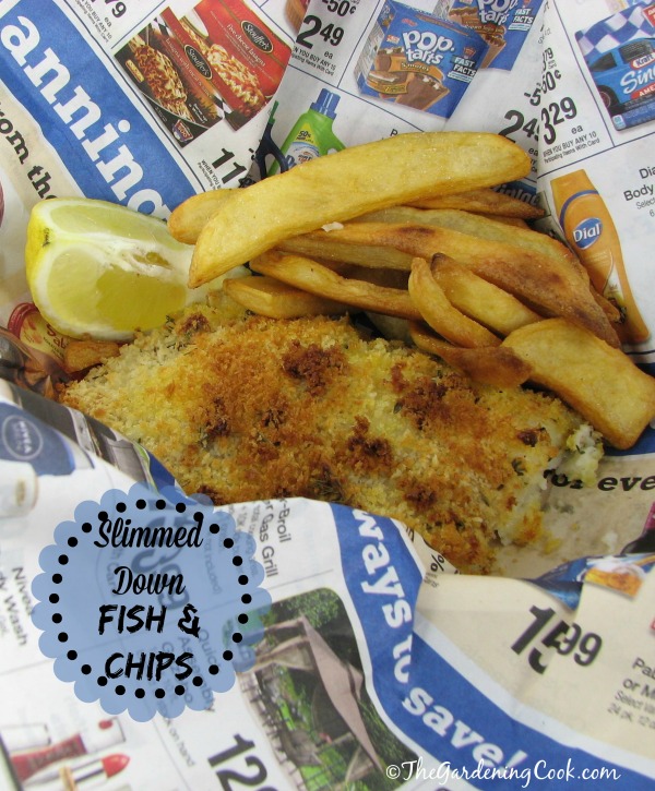 My version of slimmed down fish and chips. Panko bread crumbs and oven baked steak fries are the key.