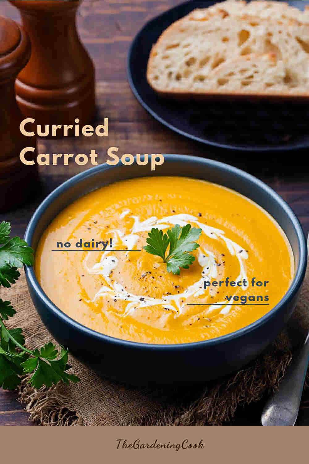 Soup in a bowl with parsley and words Curried Carrot Soup.