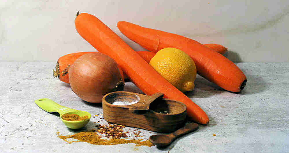 Carrots, onions, salt pepper, red pepper, curry powder and lemon.