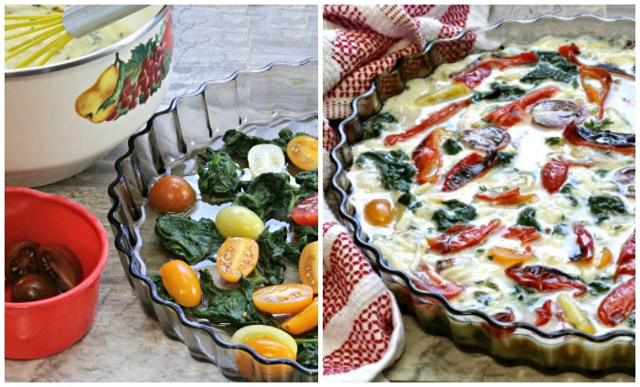Collage with a quiche man that has spinach and tomatoes in it and a finished crustless quiche.