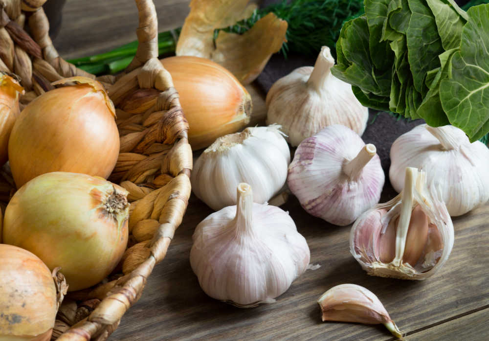 Onions, garlic and Brussels sprouts leaves.