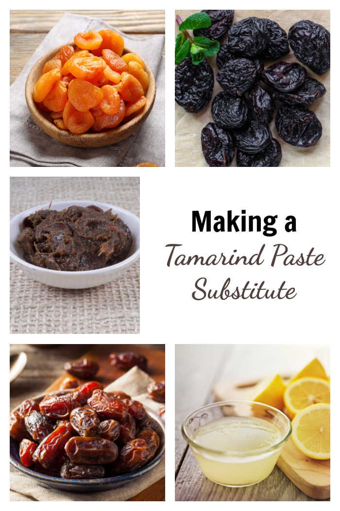 Dried apricots, prunes, dates, lemon juice and tamarind paste with text overlay reading "making tamarinds paste substitute."