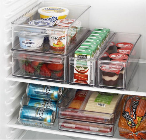 Clear stackable bins in the fridge