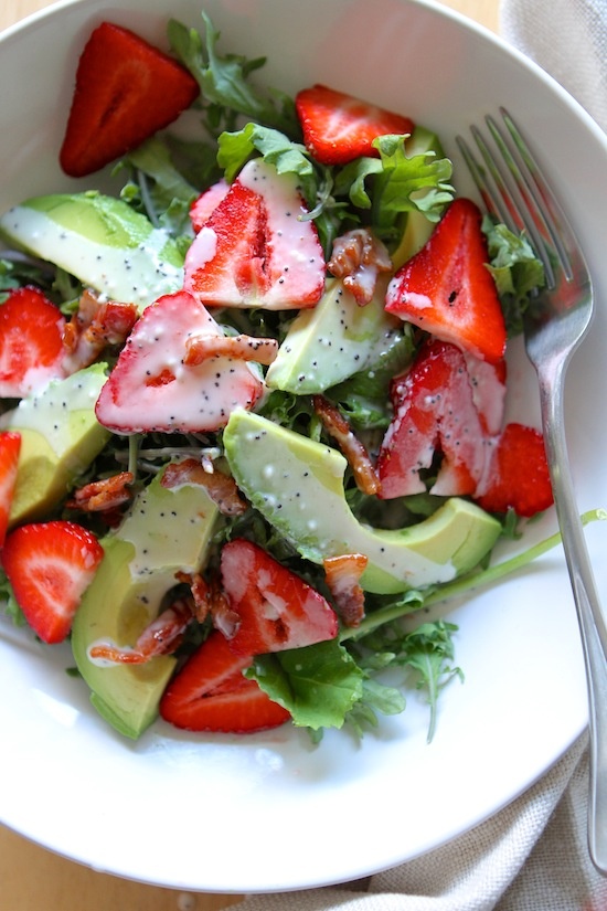 Strawberry Avocado Kale Salad with Bacon Poppyseed Dressing