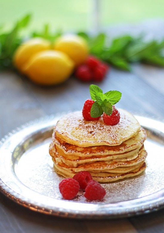 Lemon Ricotta pancakes with raspberries