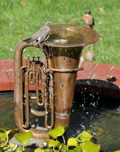 Old Tuba Bird Bath from plantinghappinessblog.wordpress.com