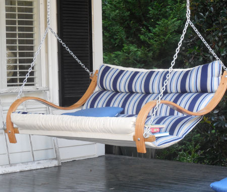 Blue and White Striped Porch swing. Love! One of my favorite home decor ideas.