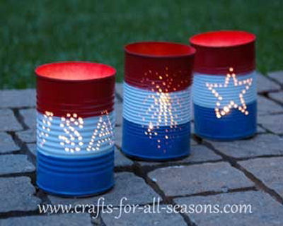 Red white and blue tin can luminaries