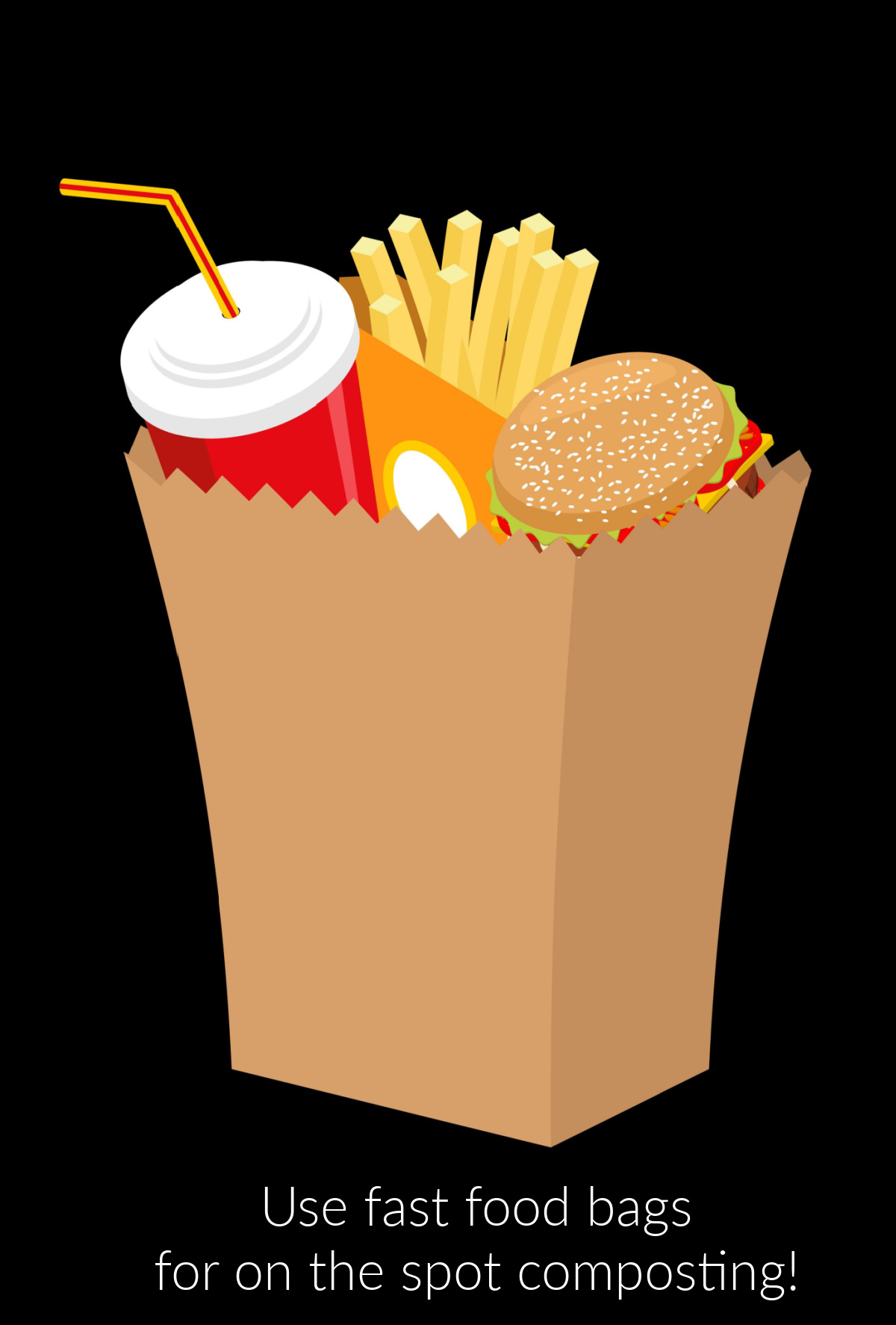 Takeaway food bag on black background with word Use Fast food bags for on the spot composting.