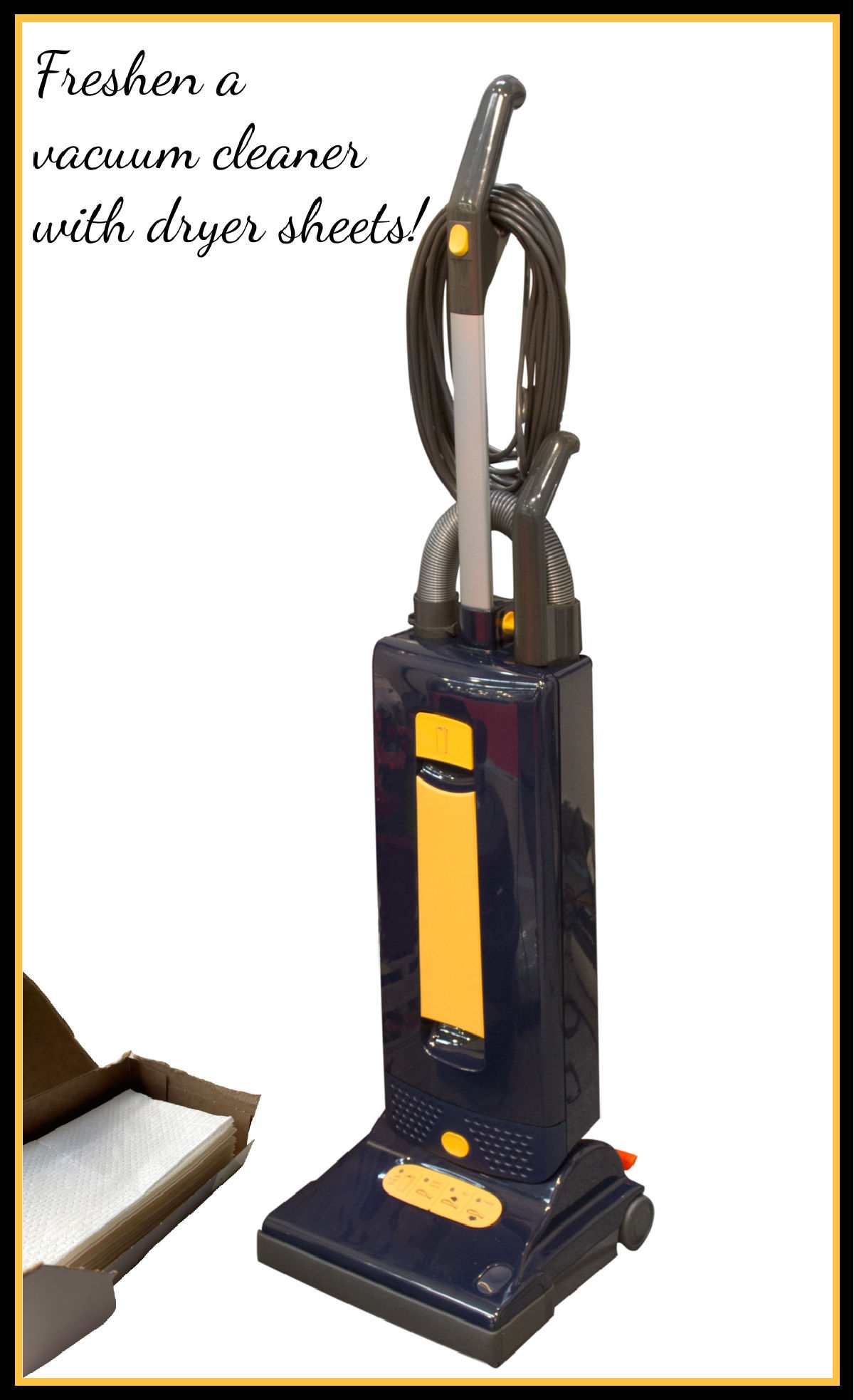 How to Freshen a Vacuum Cleaner Bag. Vacuum cleaner with dryer sheets and words freshen a vacuum cleaner with dryer sheets.s