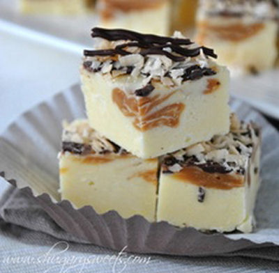 Chocolate caramel coconut fudge is also known as samoa fudge