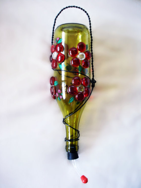 Hummingbird feeder made from an old wine bottle