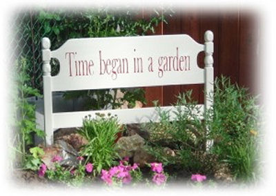 Time Began in a Garden sign made of a headboard