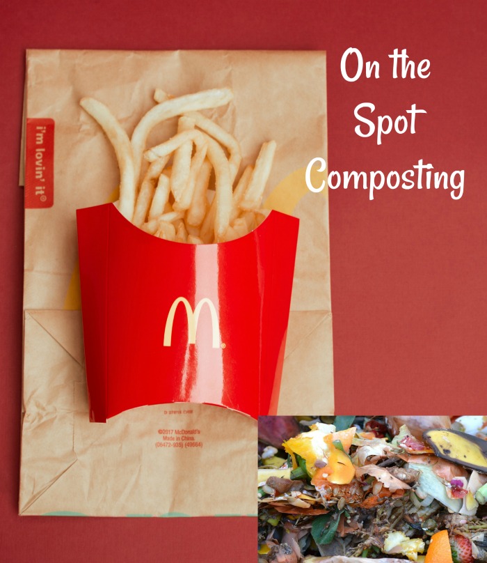 Kitchen refuse, fast food bag and french fries with the words "on the spot composting"