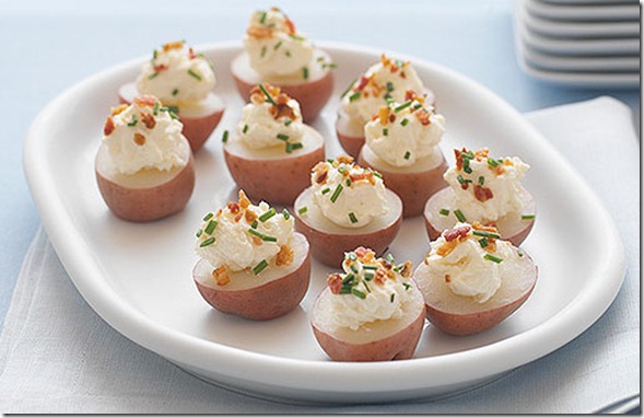 Mini Potato Bites appetizer on a white plate.