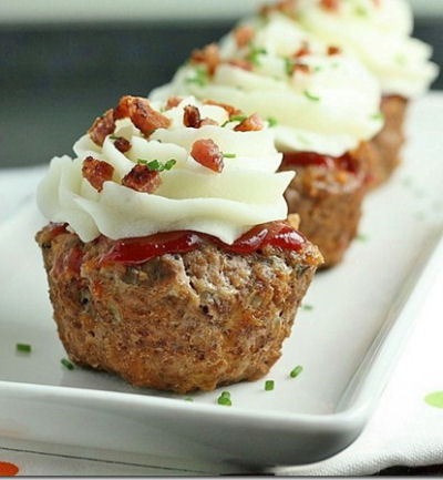 Meatball cupcake appetizers with mashed potato topping