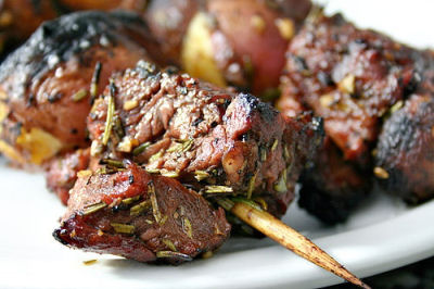 Rib Eye, New Potato and Portabello Mushroom Kebabs