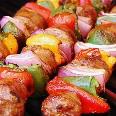 Italian Sausages Onion and Pepper Kebabs