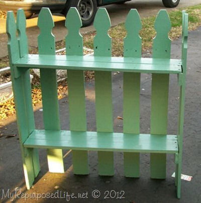Reclaimed picket fence into a cute garden shelf from myrepurposedlife.net
