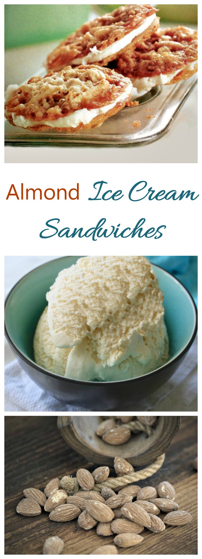 This almond ice cream sandwich has two home made almond cookies filled with creamy vanilla ice cream. Perfect way to beat the summer heat!
