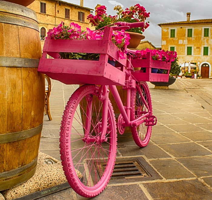 Bicycle planter with wooden crate Bicycle Planter with pink crate basket