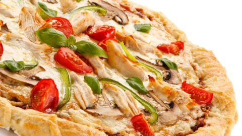 Chicken Pizza with Artichokes Mushrooms and Peppers