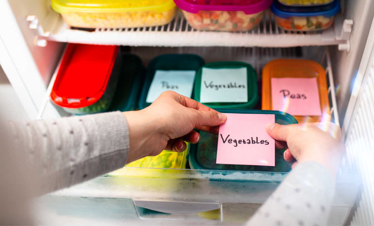 Woman labeling frozen vegetables.