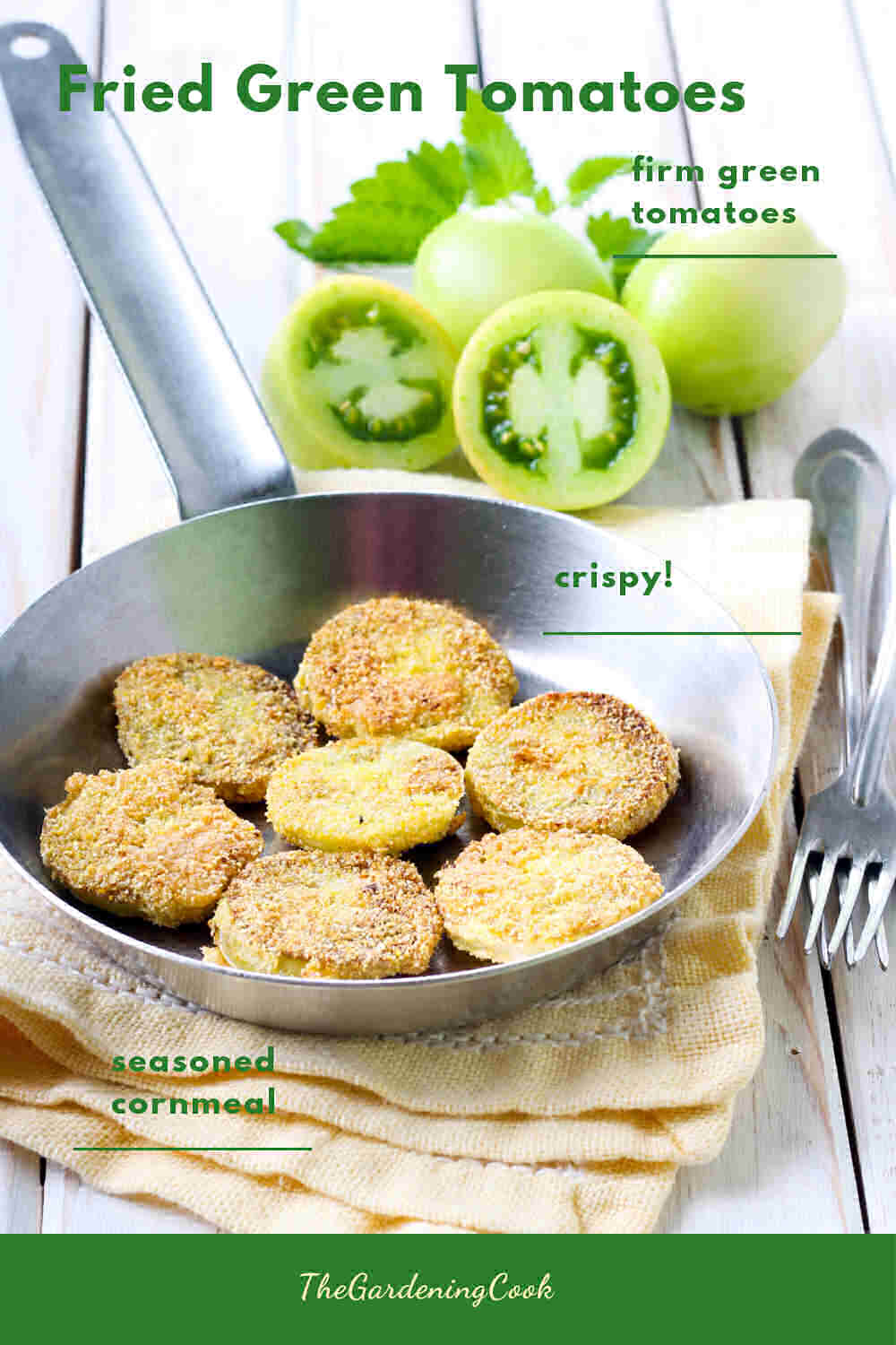 Green tomatoes and tomato slices in a frying pan with words Fried Green Tomatoes.