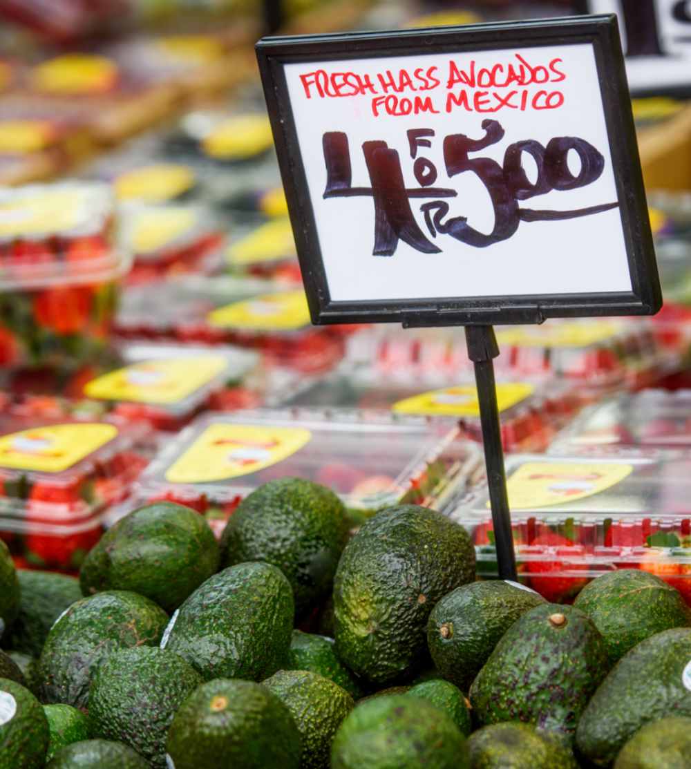 Hass avocados in a store with prices.