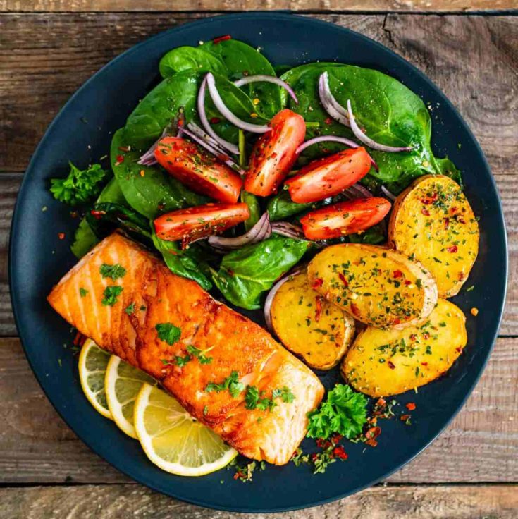 Salmon with roasted vegetables.