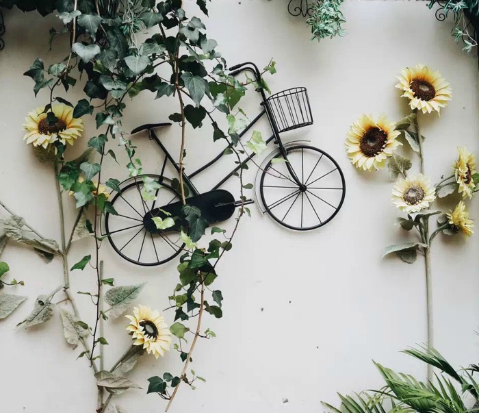 Bicycle on a white wall with sunflowers Bicycle wall art