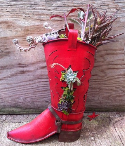 Red metal cowboy boot and succulents make a great Southwest look.