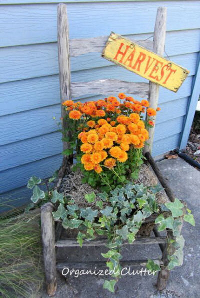 Cute use of an old chair, a sign and some plants and you have a great decoration for fall.