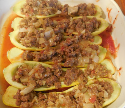 beef mixture in cooked squash boats.