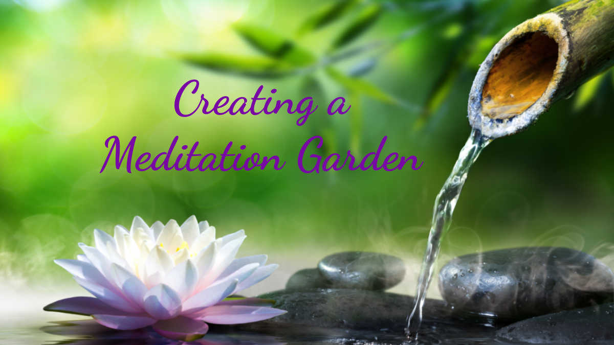 Water spout and lotus flower with words creating a meditation garden.