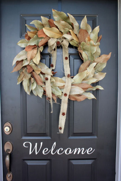 Magnolia Leaf Autumn Wreath on a slate gray door