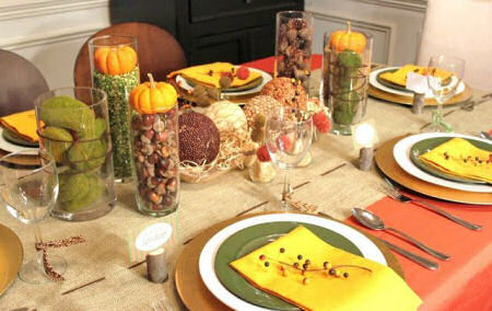 Rustic Thanksgiving Tablescape with Acorns, split peas and pumpkins
