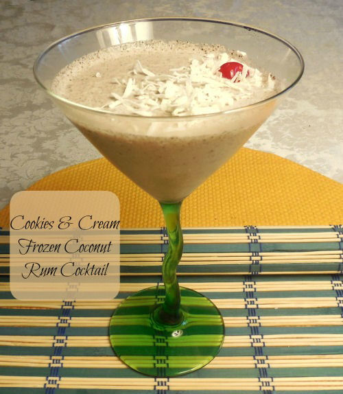 Frozen coconut rum cocktail in a martini glass Cookies & Cream Frozen Coconut Rum Cocktail