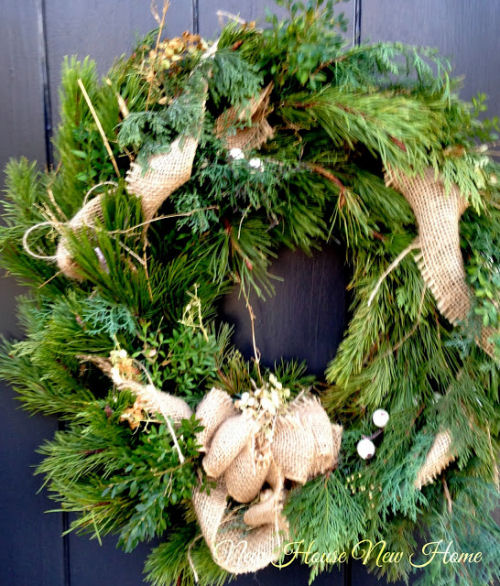 Christmas wreath with a Burlap bow.