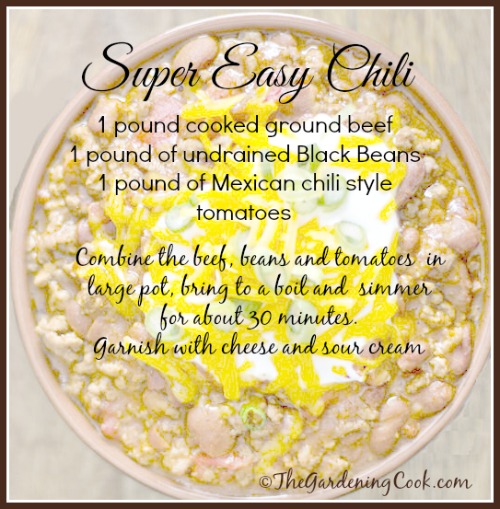 Super easy 3 ingredient chili. See more easy recipes at thegardeningcook.com/fast-easy-meals