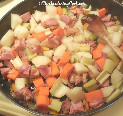 Casserole made with vegetables and left over ham in a creamy cheese sauce.