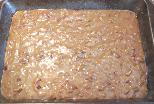 Caramel pecan bars ready to cook.