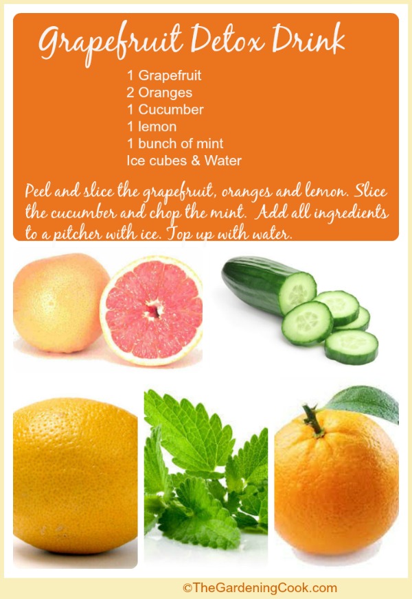 Grapefruit detox drink with oranges, lemon, cucumber and mint.