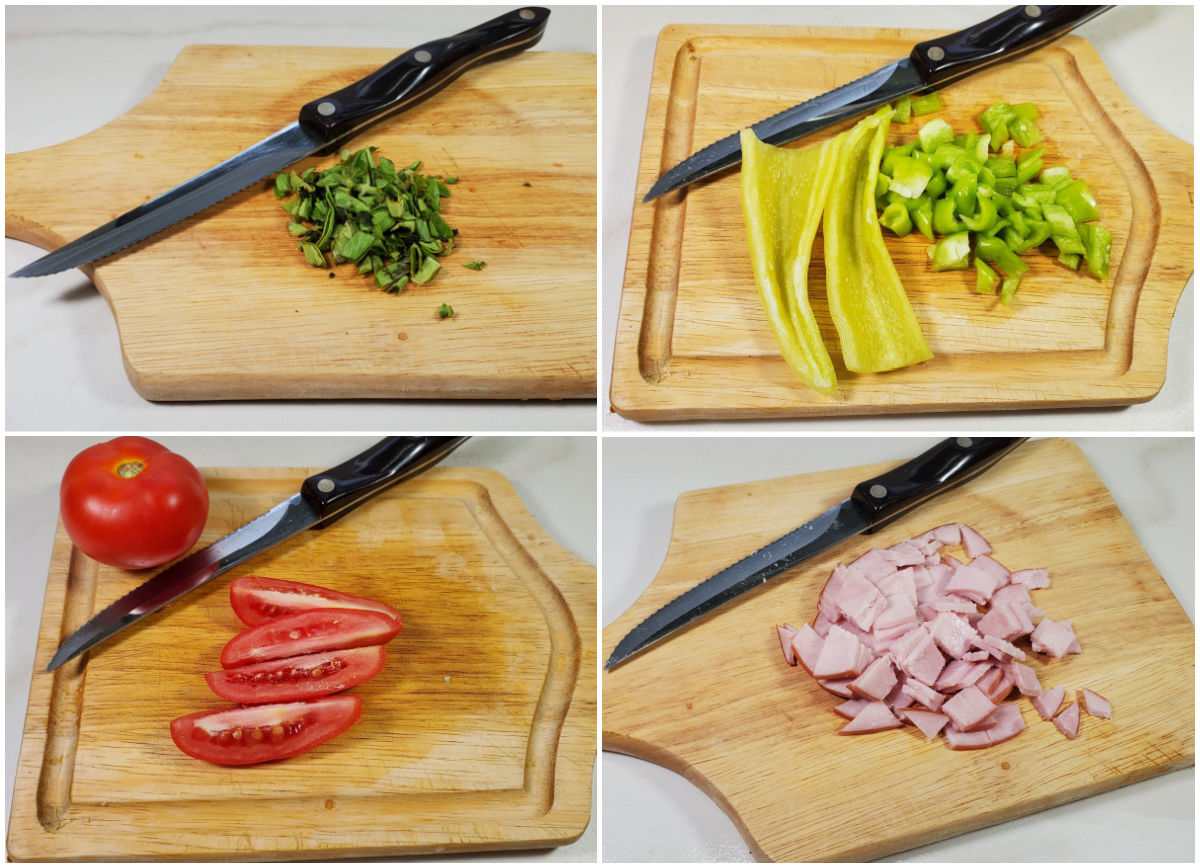 Collage with chopped basil, peppers, tomatoes and Canadian bacon on a cutting board with a sharp knife.