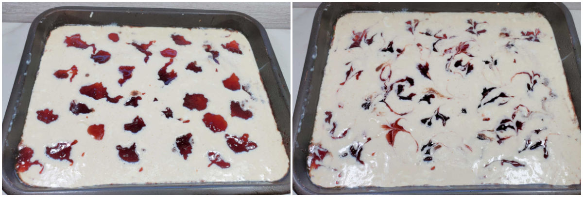Strawberry jam swirled into cream cheese.