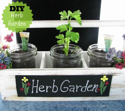 DIY Mason Jar Herb Garden in a Farmer's Market tray #EarthDayProjects