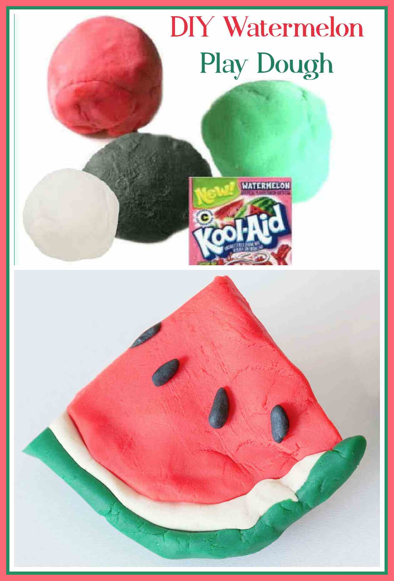 Balls of playdough, Kool Aid and a watermelon slice made from homemade playdough.